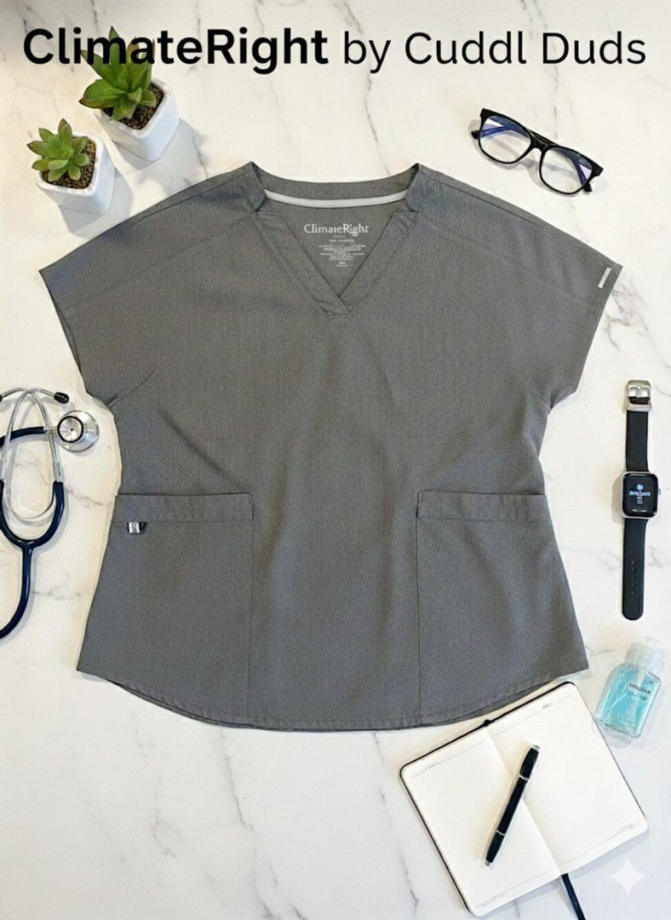 ClimateRight Cuddl Duds Heather Gray Scrubs Top Sz. L